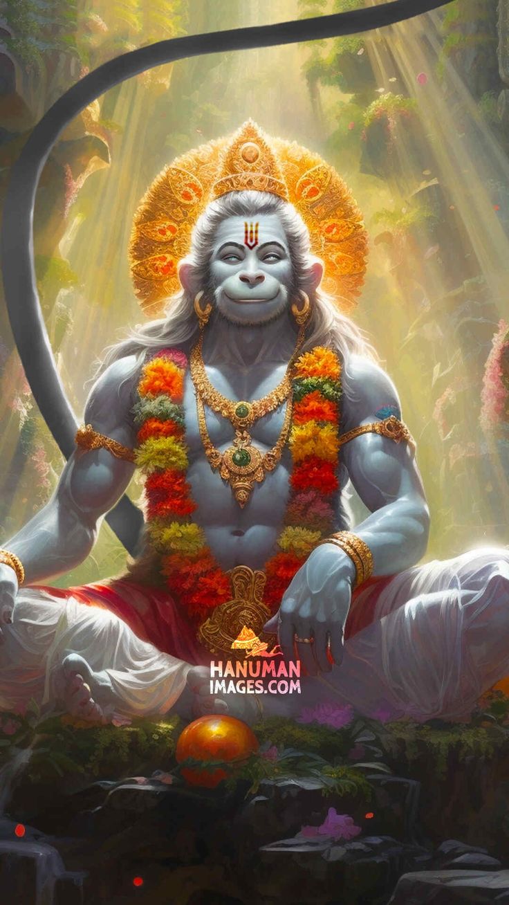 Powerful Hanuman seated in a forest.