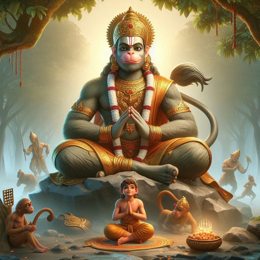 Hanuman praying in a lush forest.