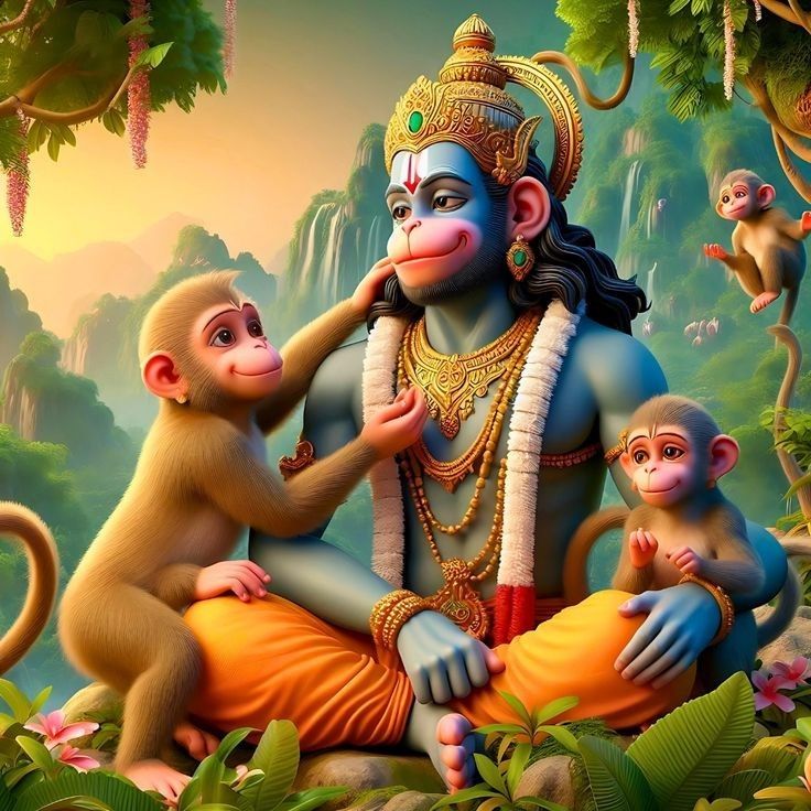 Hanuman with playful monkeys in forest