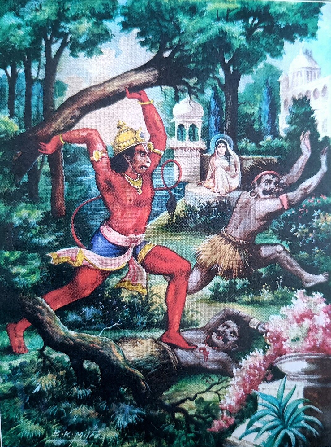 Hanuman tears tree protecting Sita