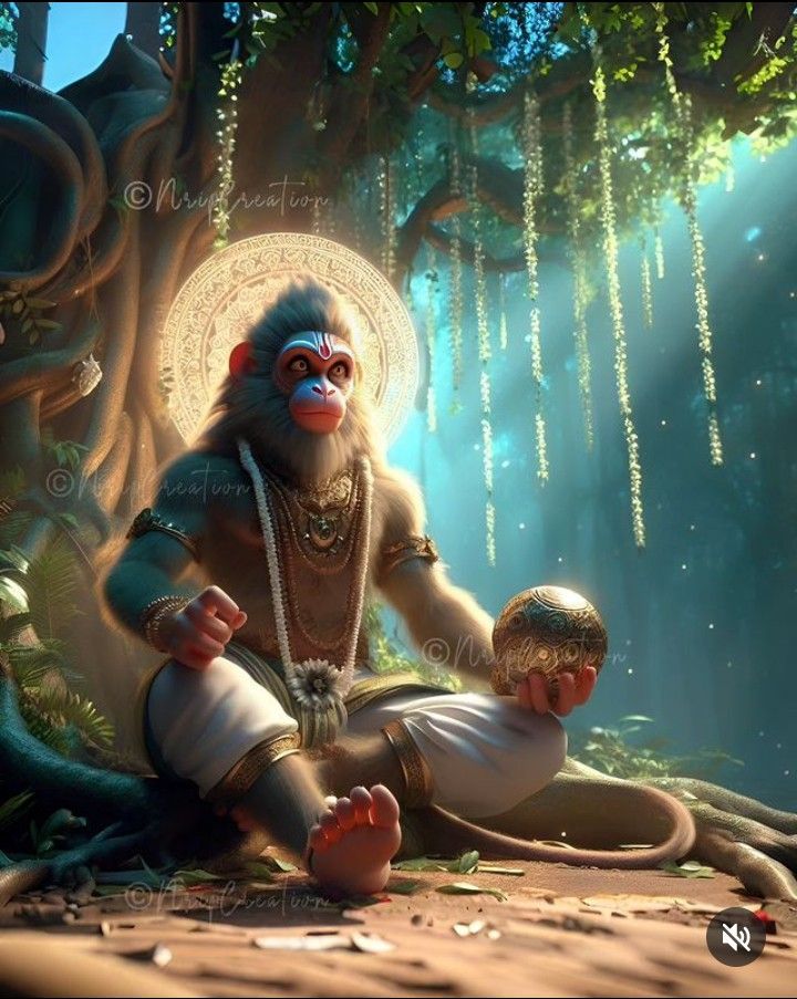 Hanuman meditating in a lush forest
