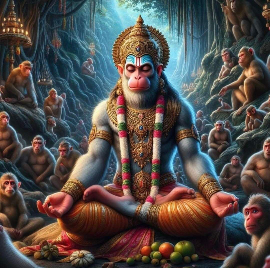 Hanuman meditating amongst vanara devotees.