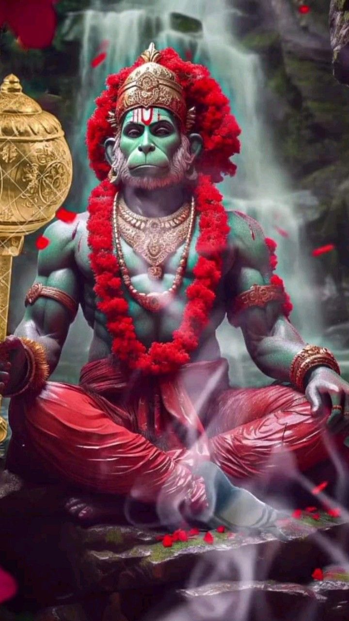 Hanuman meditating in a lush forest.