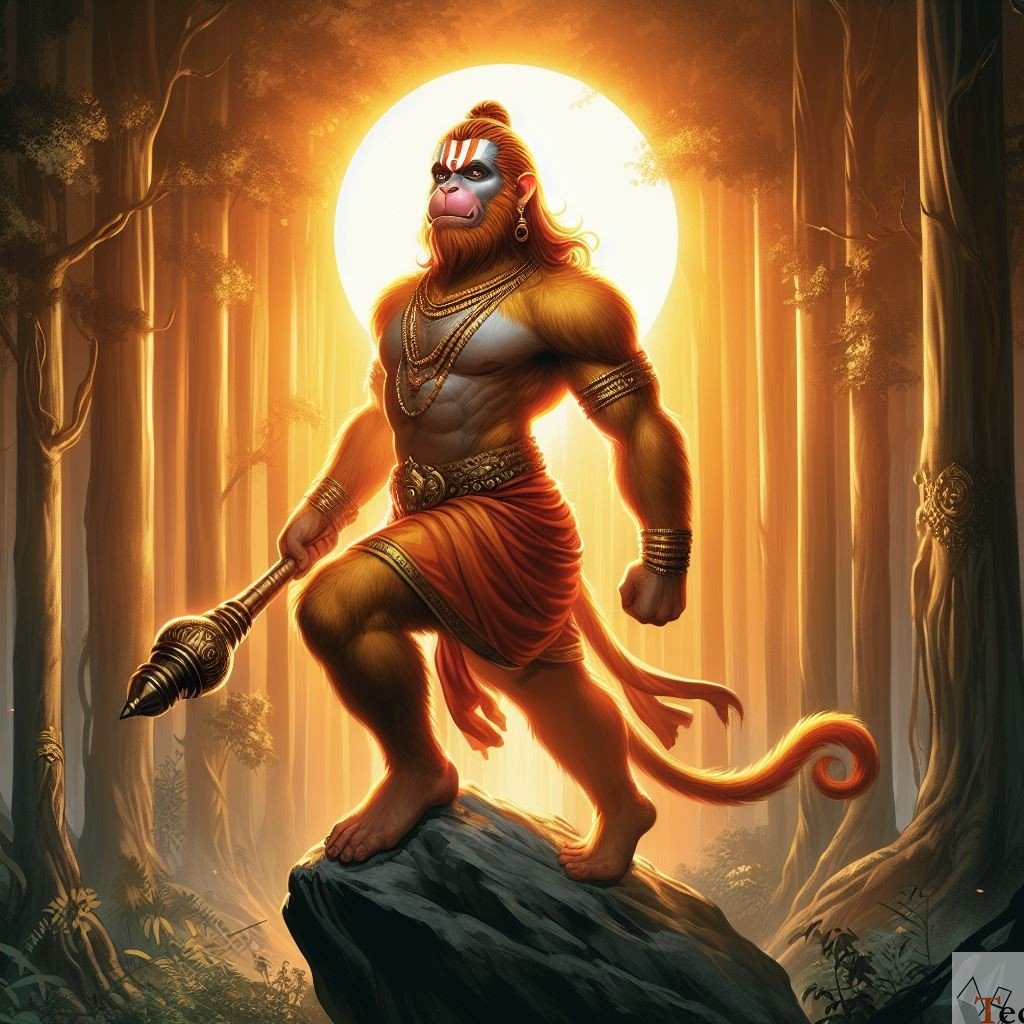 Hanuman stands powerfully in a forest.