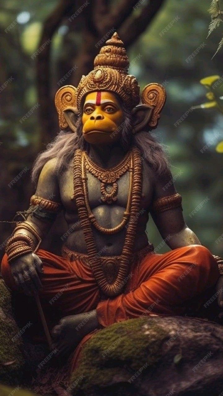 Hanuman seated in a lush forest.