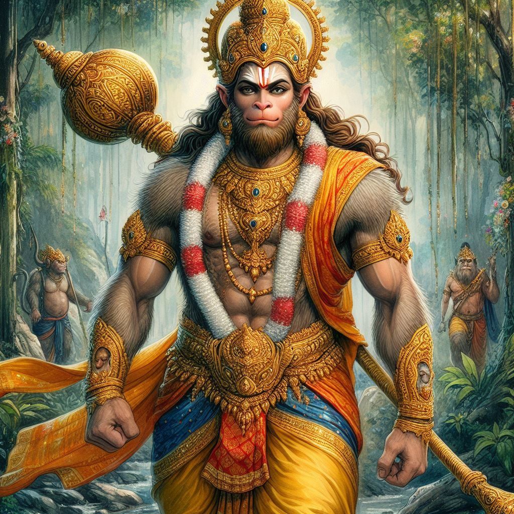 Powerful Hanuman in a lush forest.