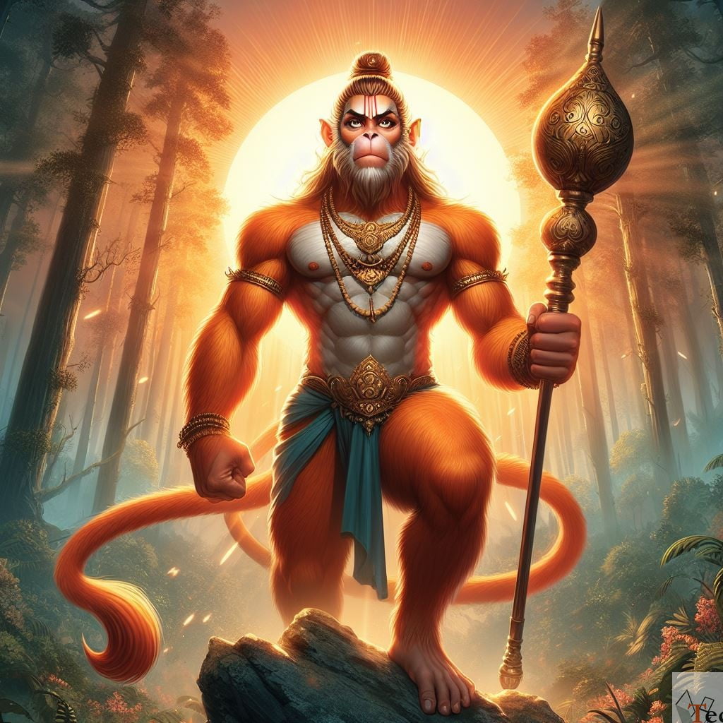 Powerful Hanuman standing in a forest.