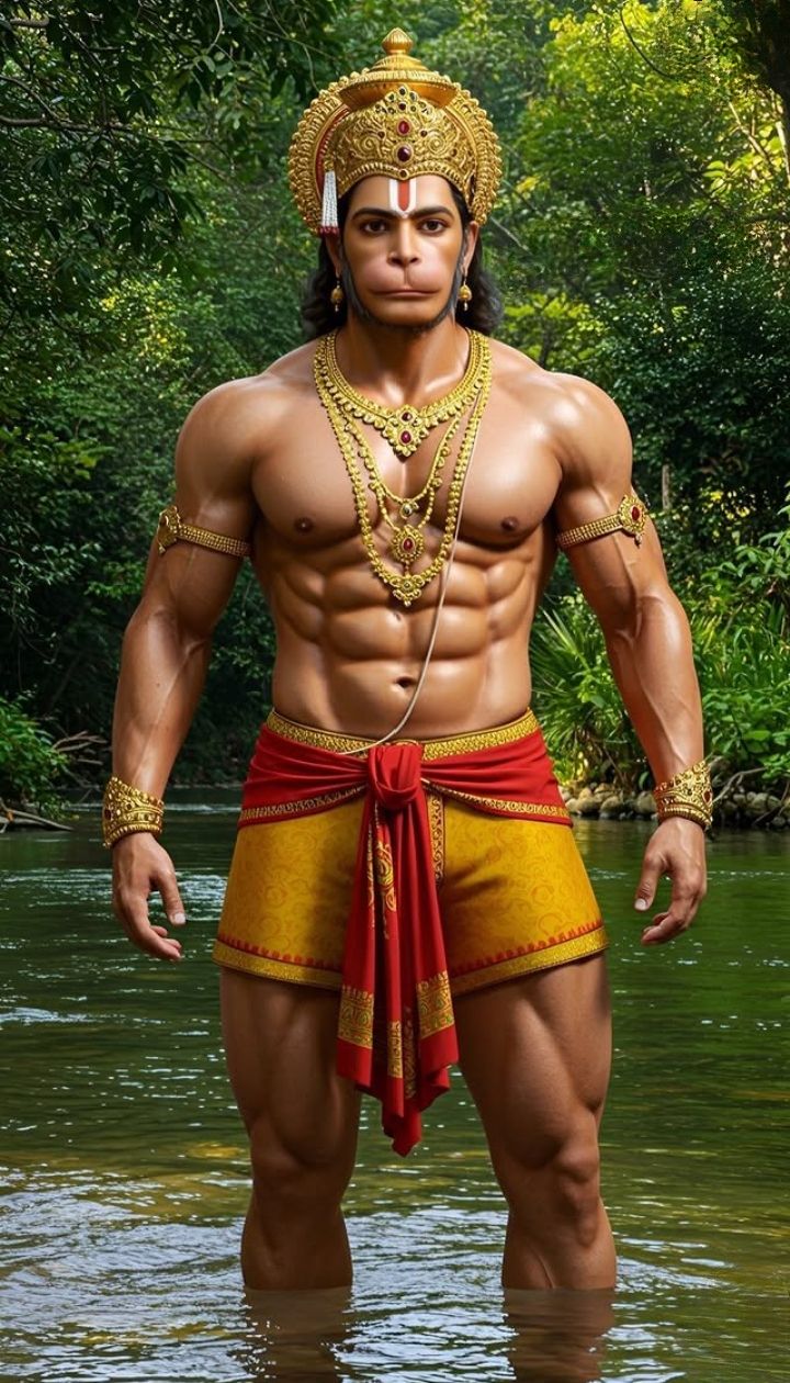Powerful Hanuman stands in a forest.