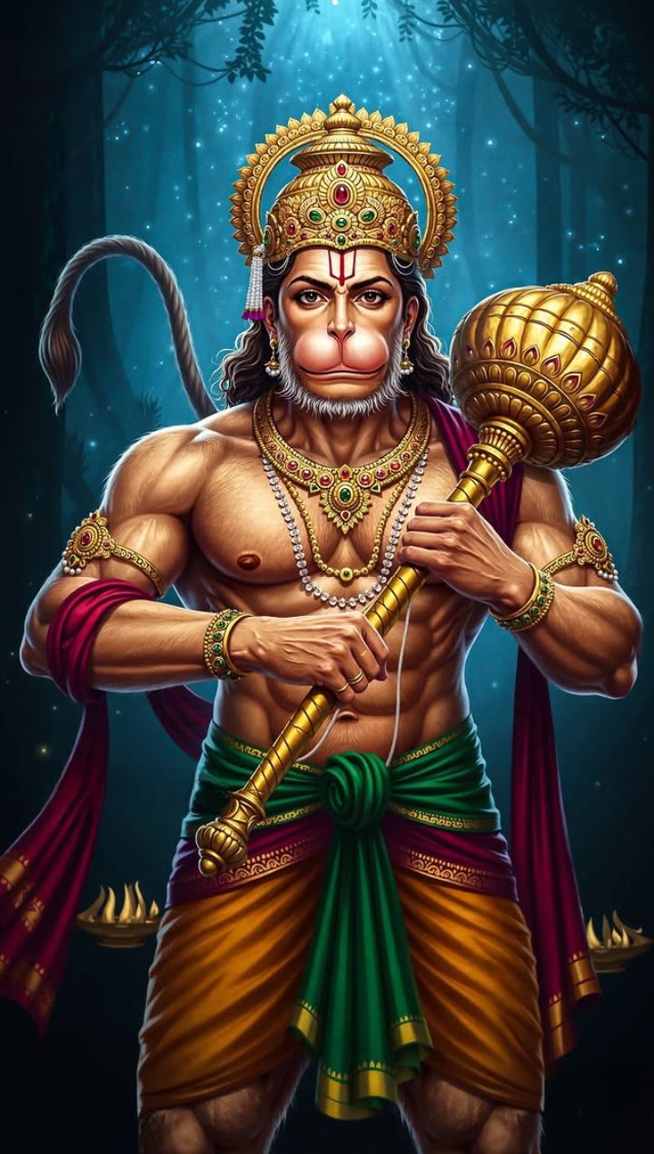 Powerful Hanuman with mace in forest