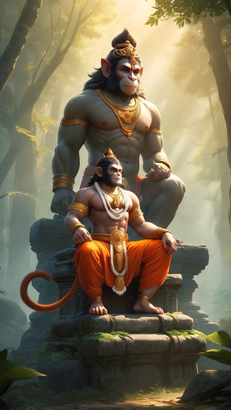 Hanuman seated in a forest setting