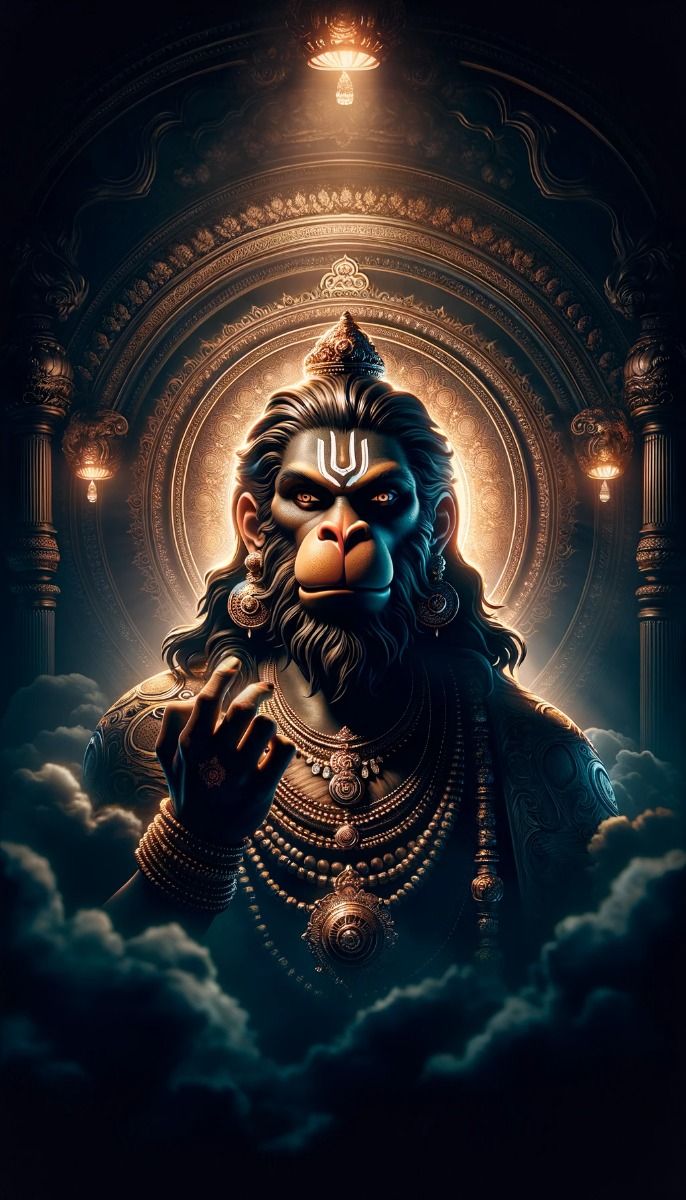 Powerful Hanuman portrait with golden aura.