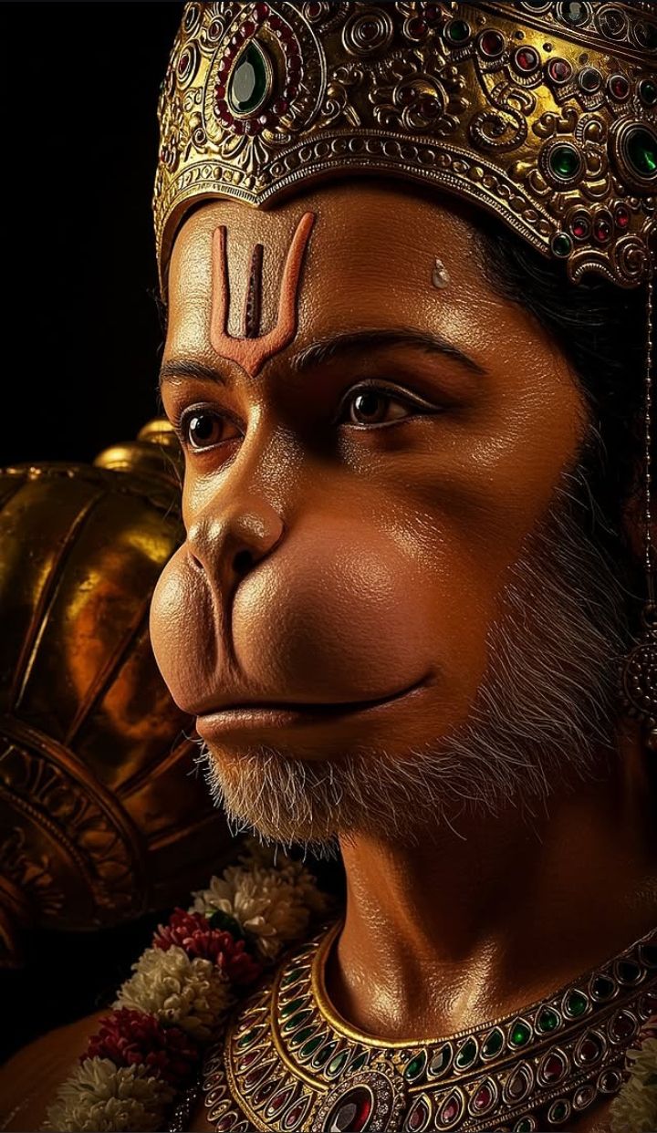 Close-up of Hanuman’s powerful face.
