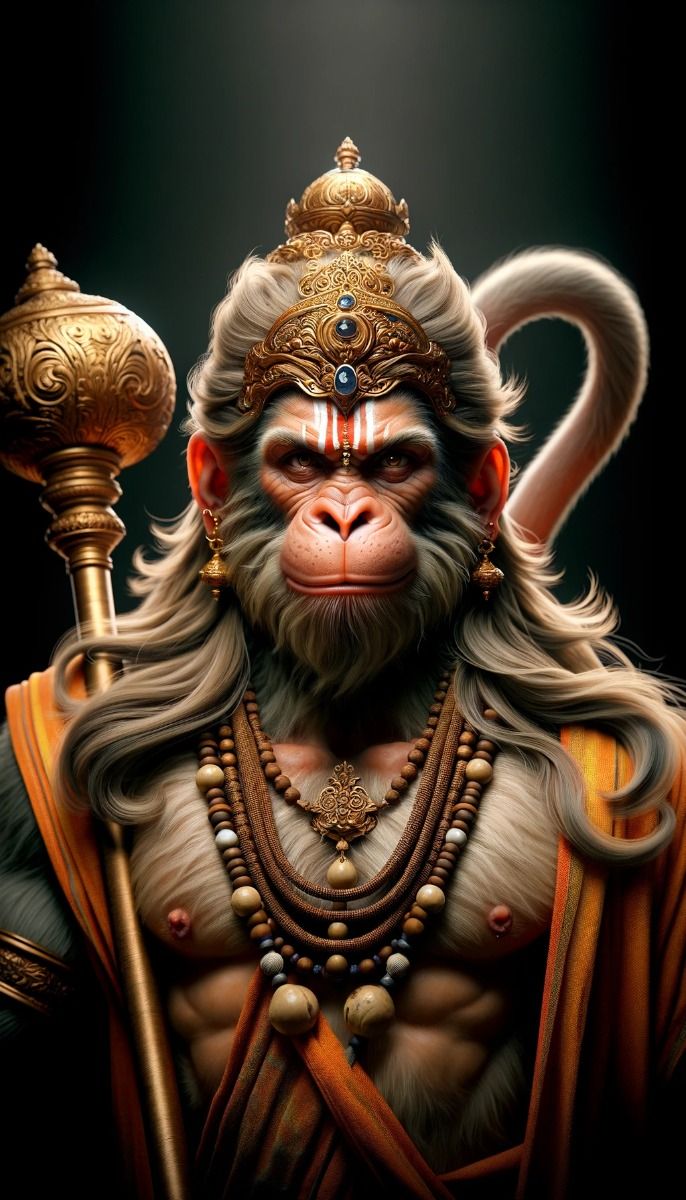 Powerful Hanuman portrait with golden mace