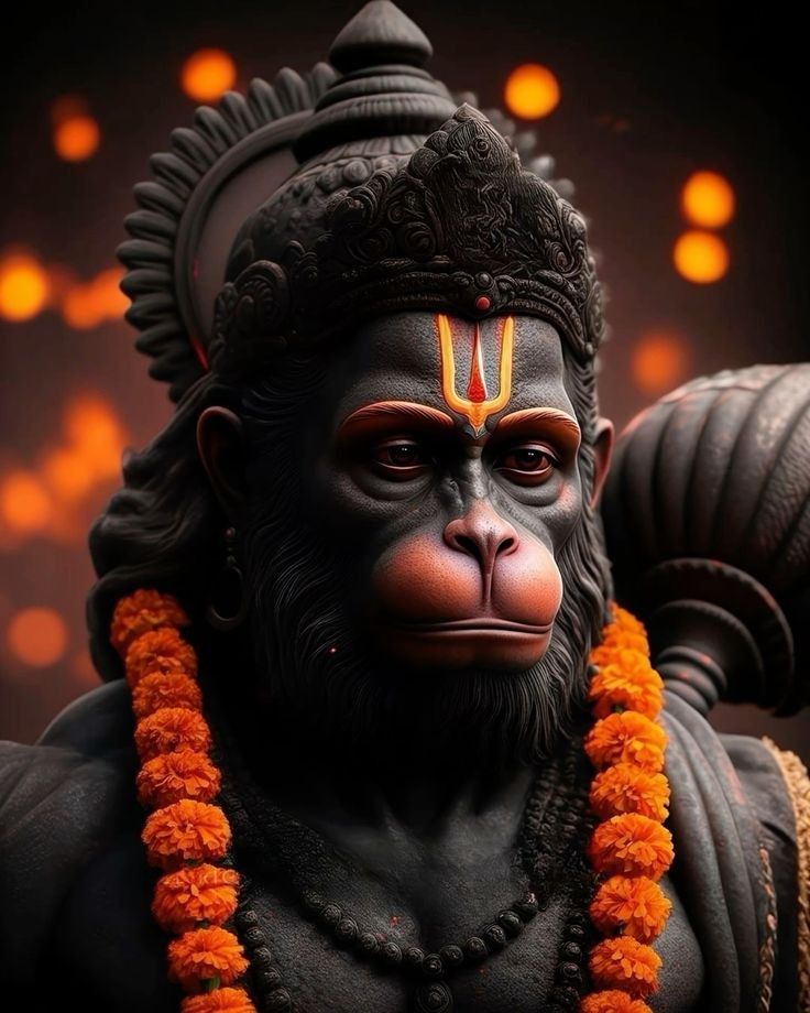 Powerful Hanuman portrait with orange garland.