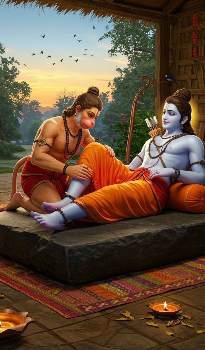 Hanuman tending to a resting Lord Ram