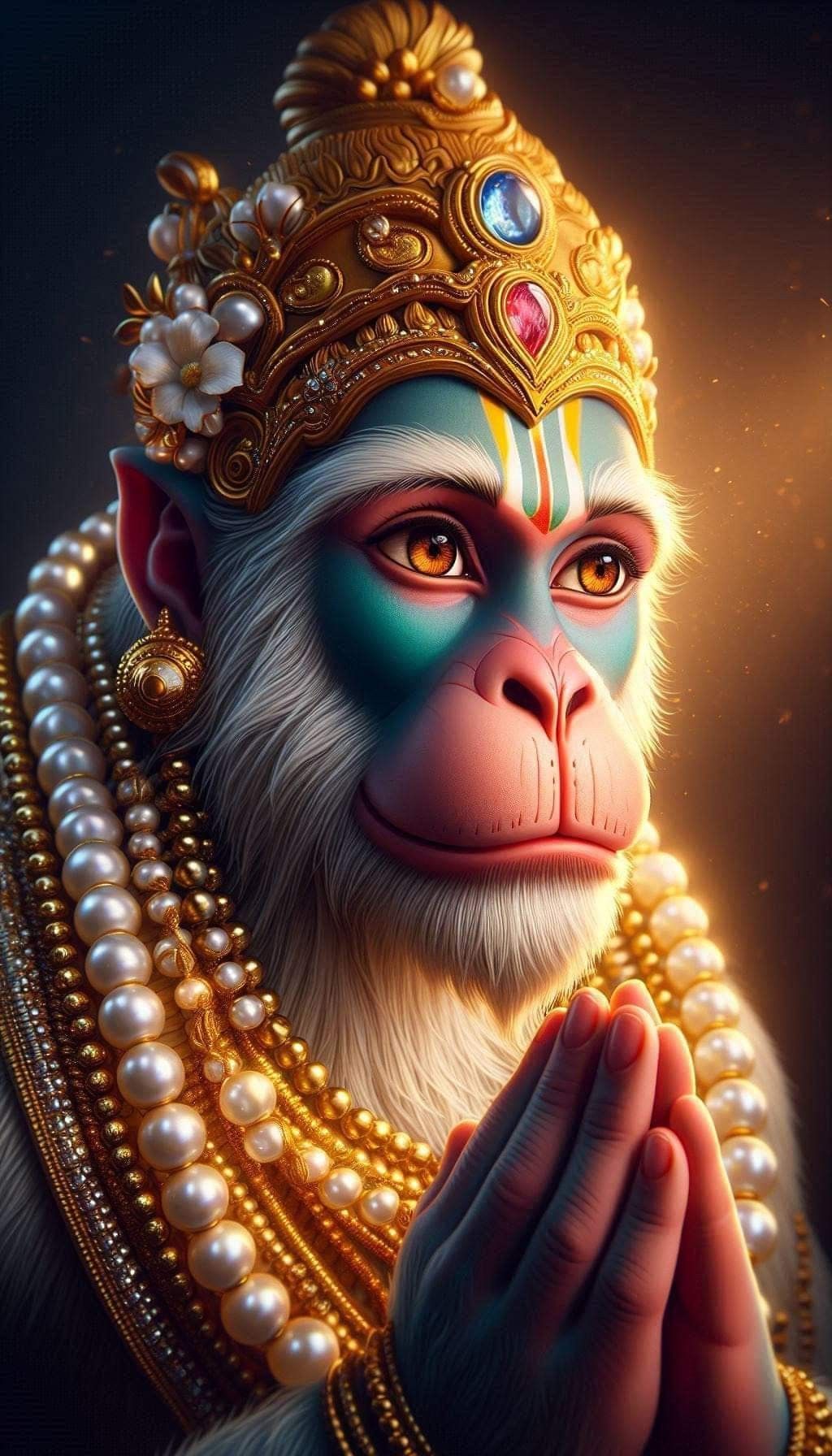 Hanuman with folded hands in prayer.