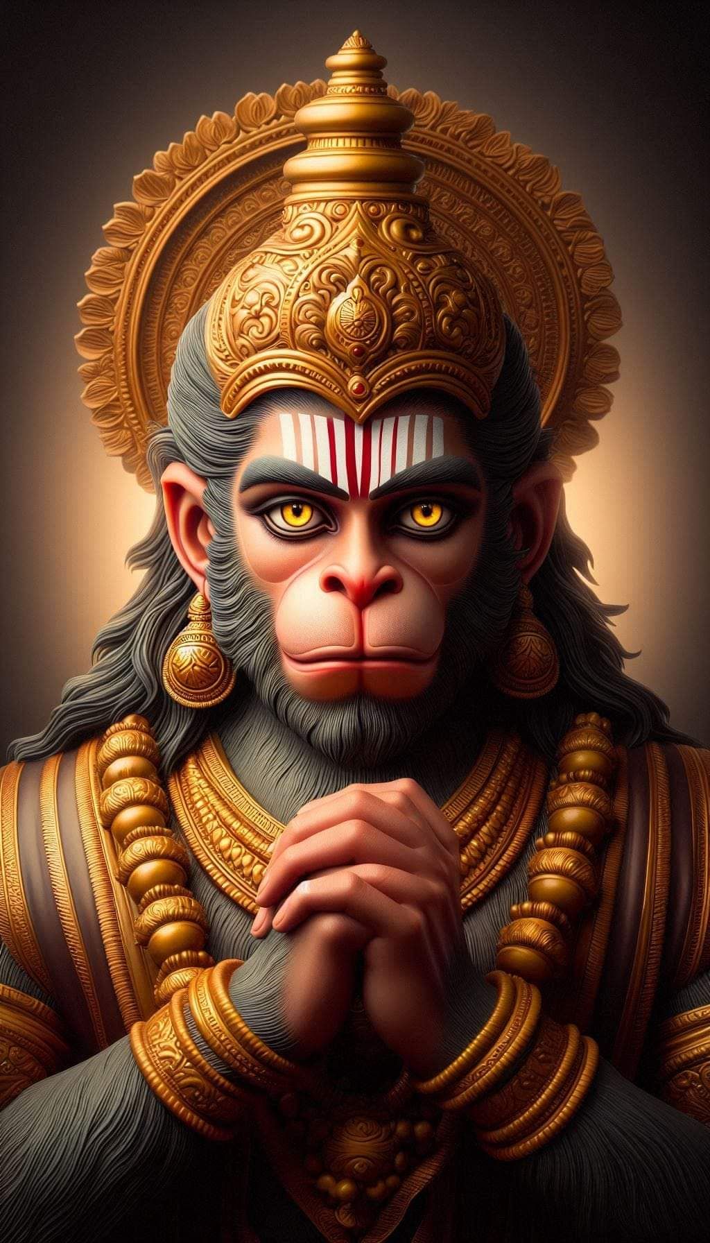 Hanuman in prayer pose, golden halo