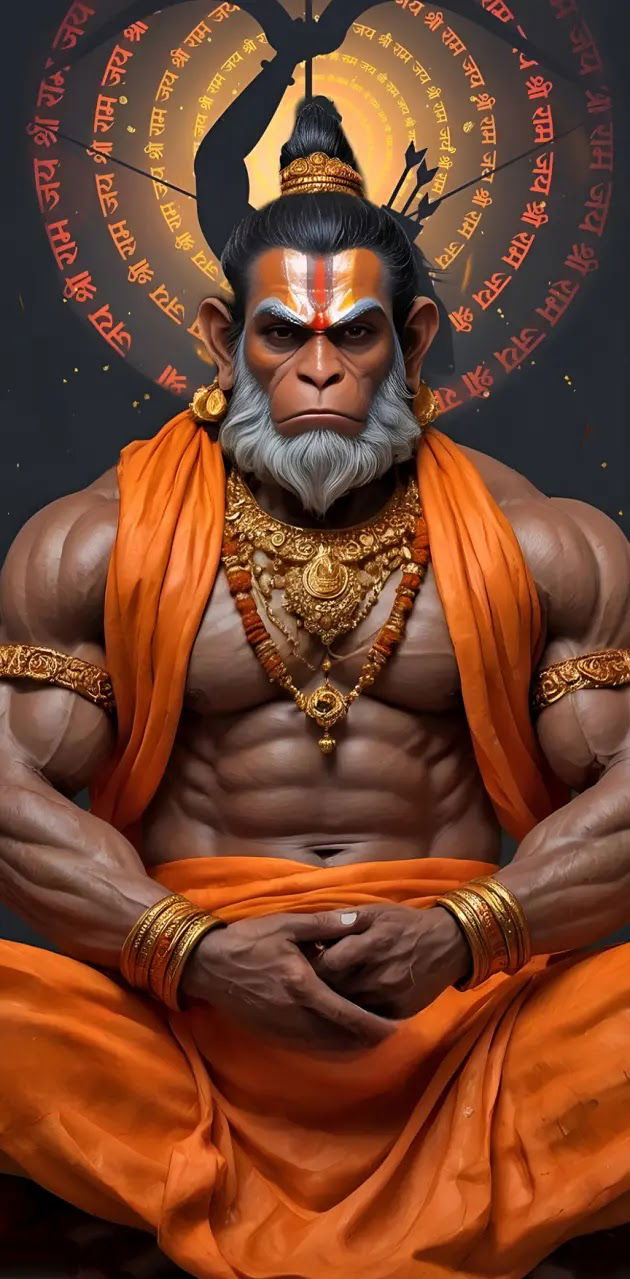 Powerful Hanuman with mace and lotus.