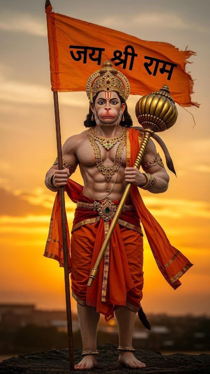 Hanuman with gada and Jay Shree Ram flag
