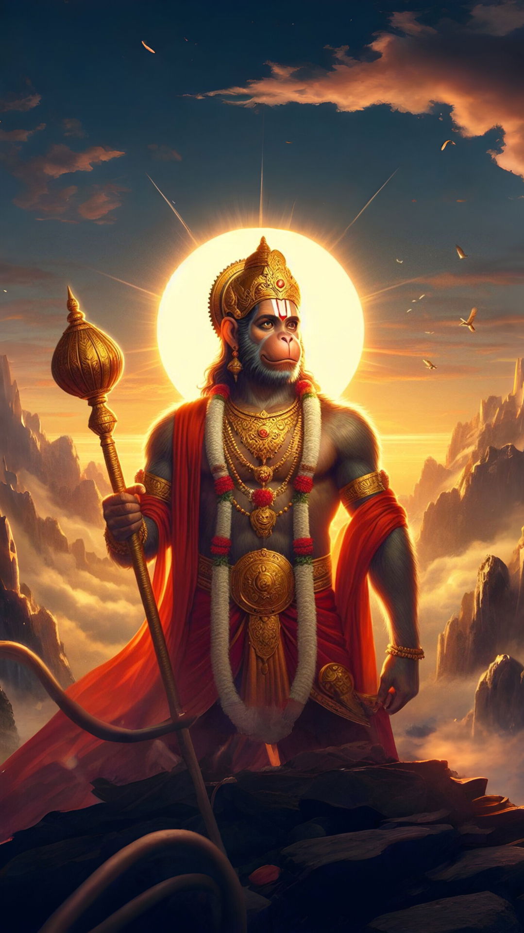 Hanuman stands with mace against sunset