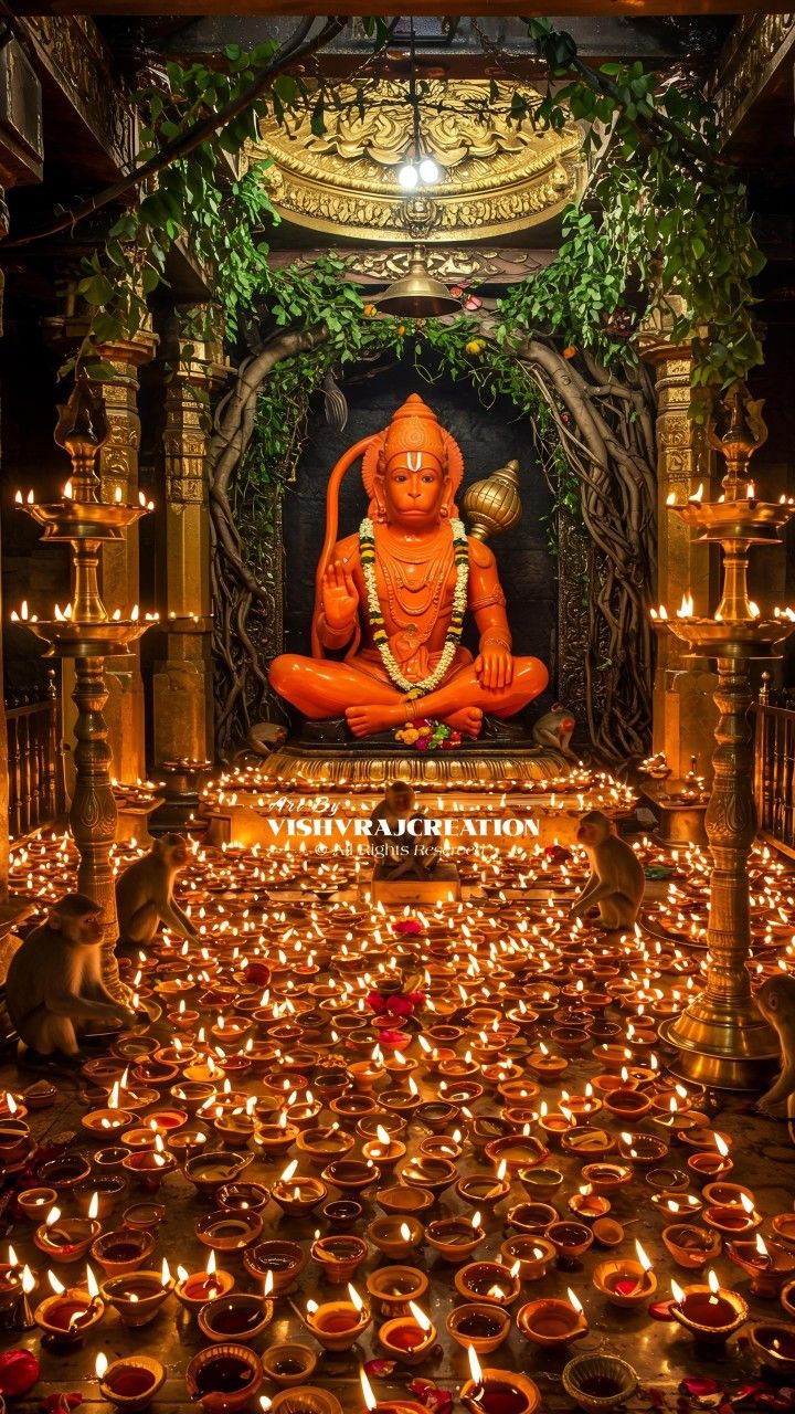 Hanumanji seated among illuminated diyas.