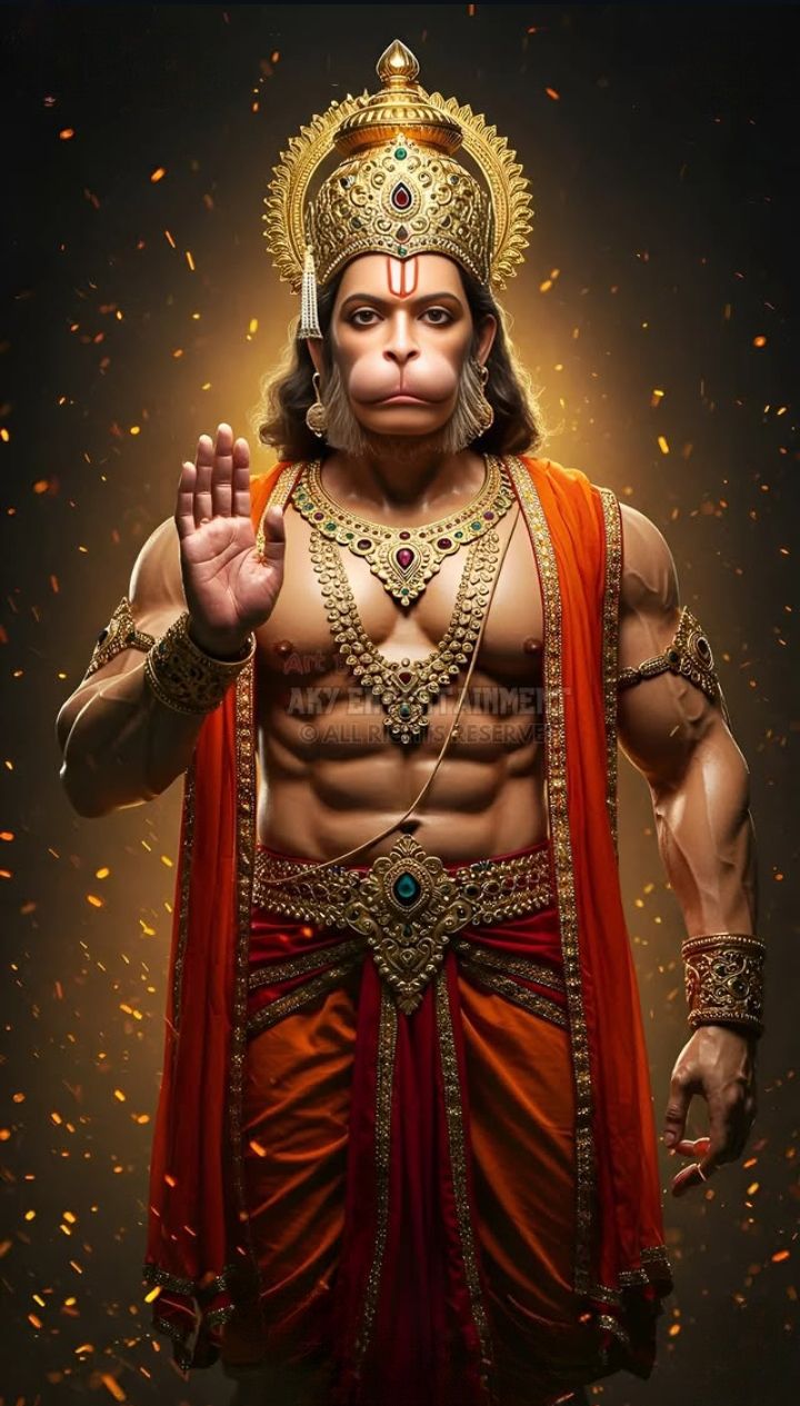 Powerful Hanuman with golden ornaments.