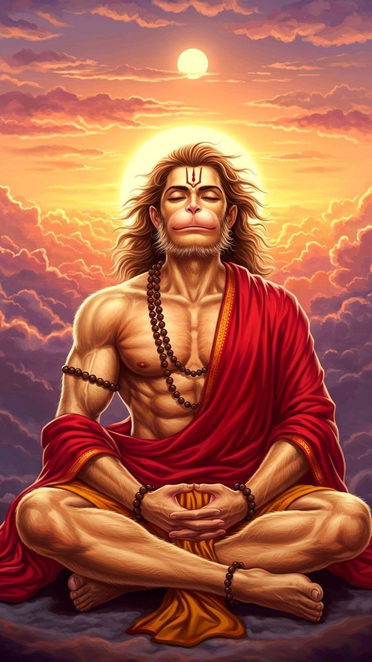 Hanuman meditating in golden sunlight