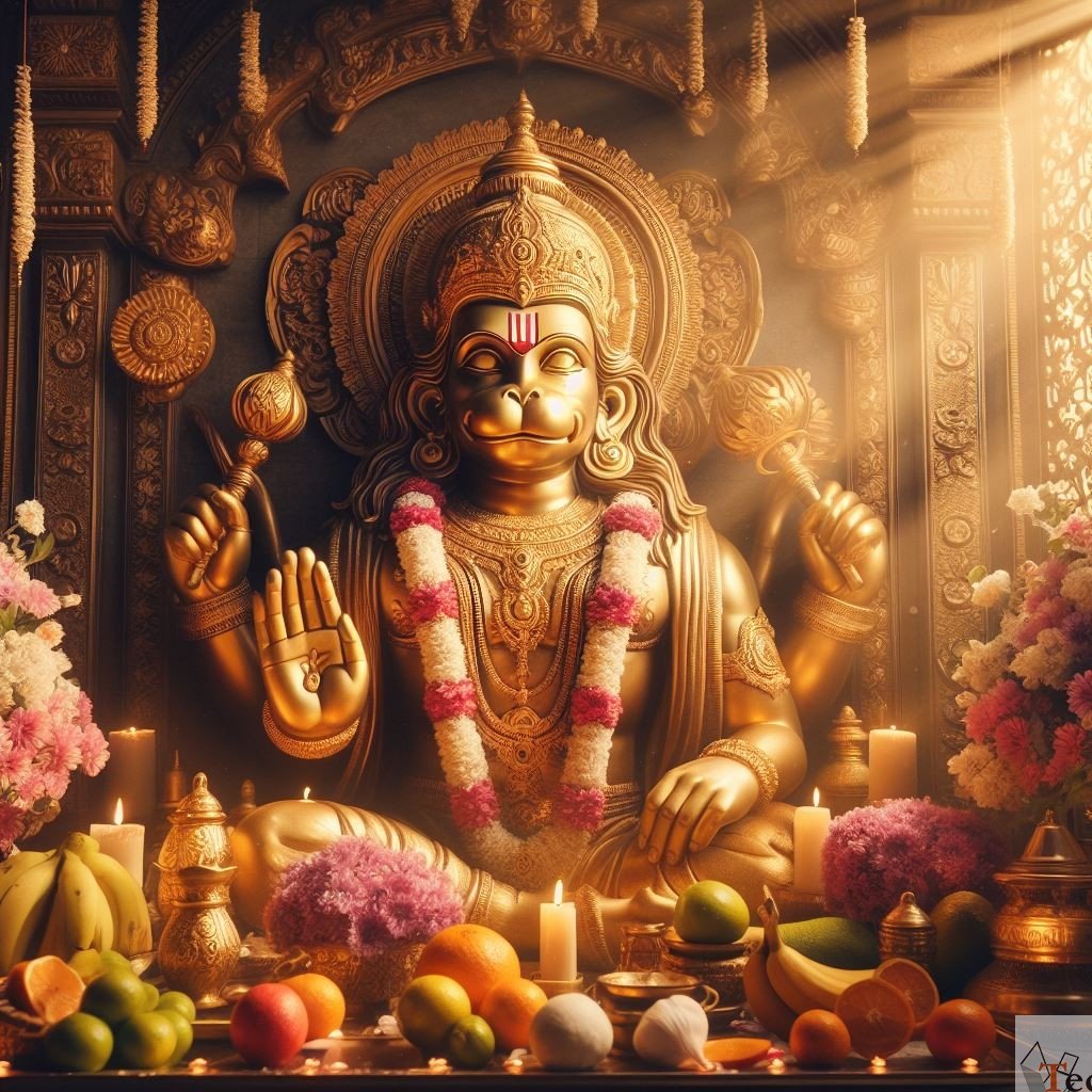 Golden Hanuman with Mace and Flowers