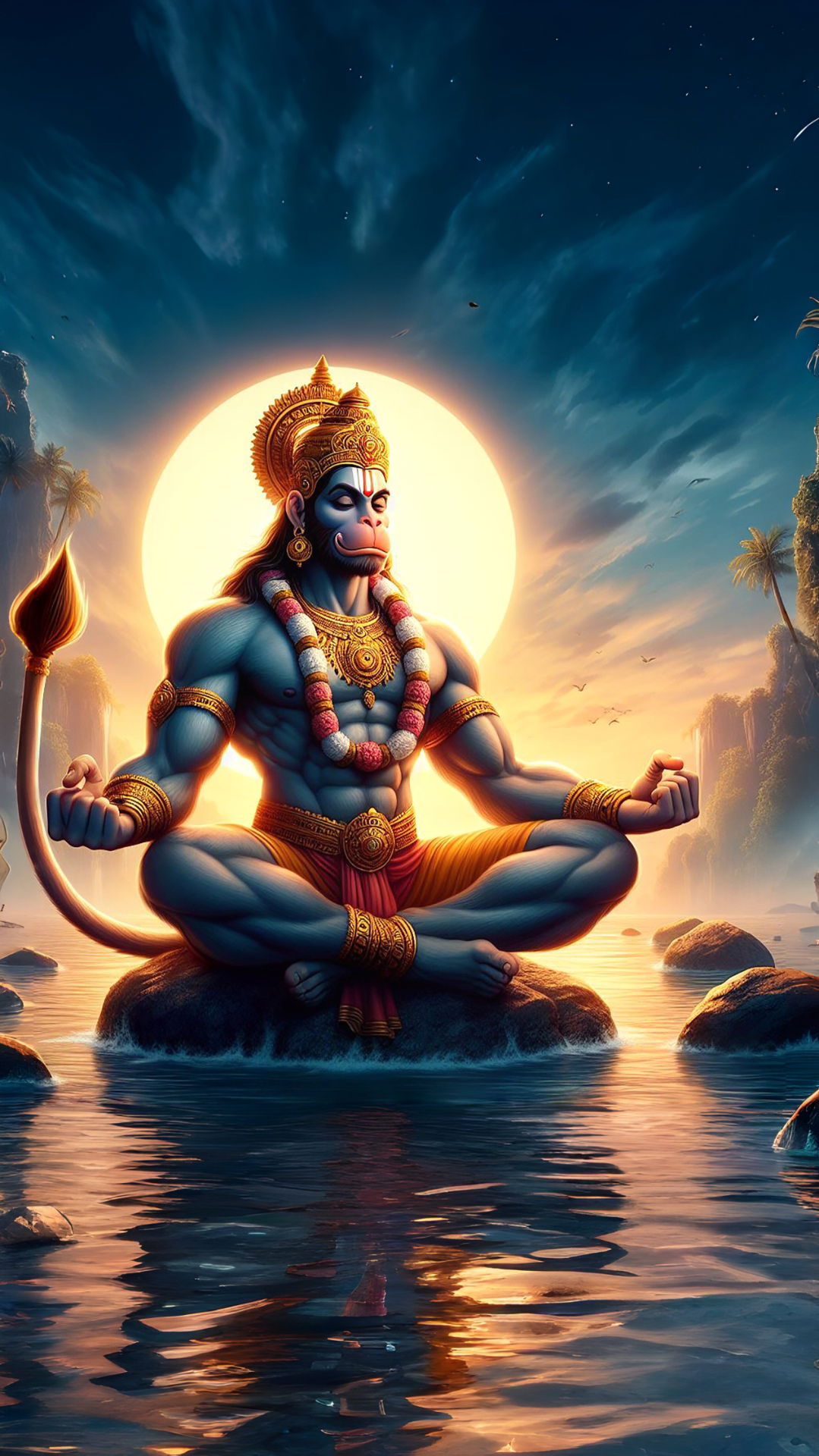 Hanuman in meditative pose, golden sunrise