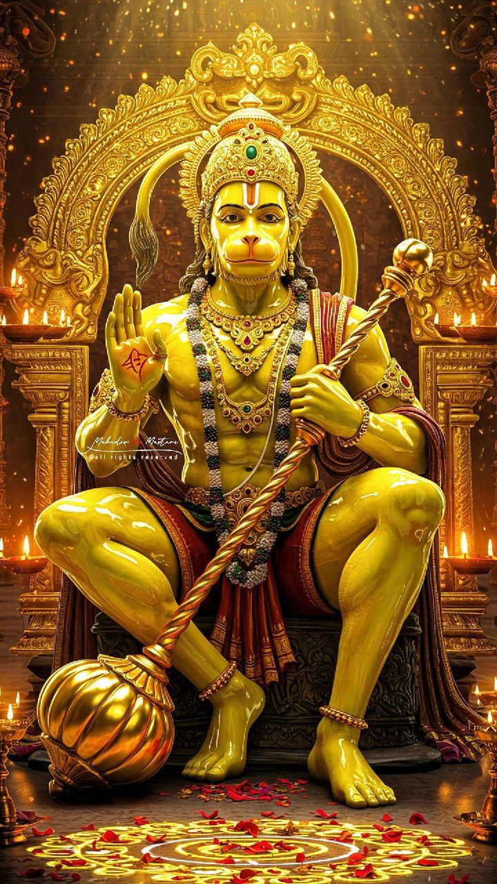 Hanuman seated in golden attire
