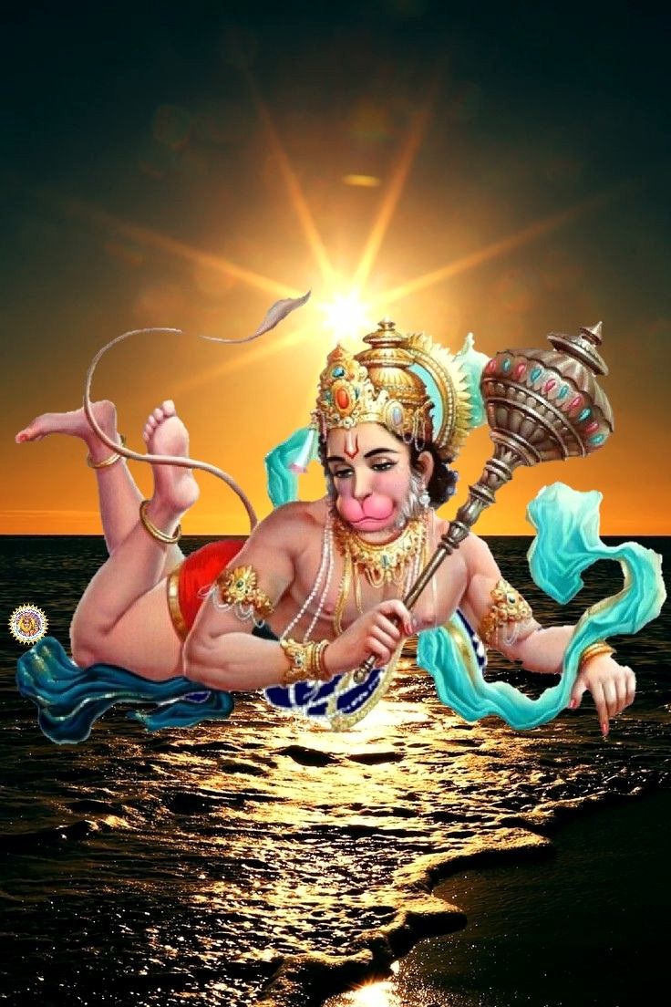 Hanuman flying over ocean sunset