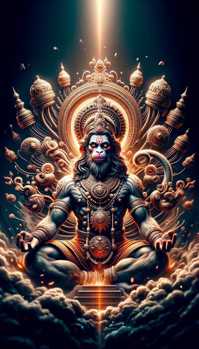 Hanuman seated in divine radiance.