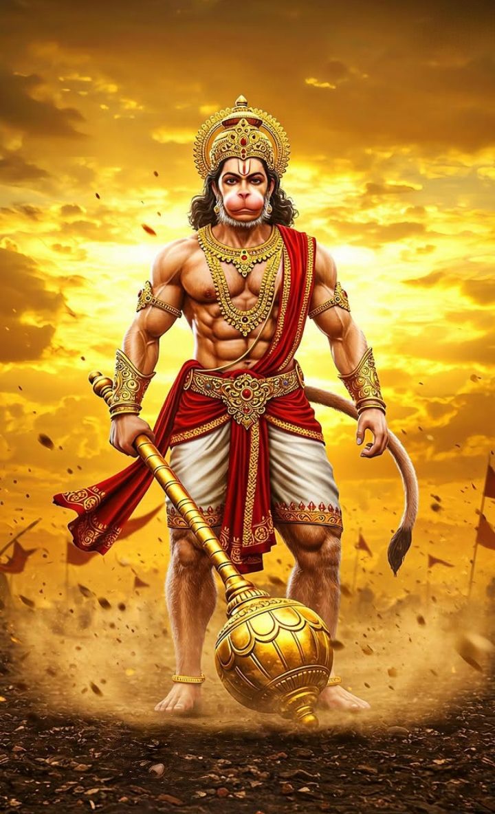 Powerful Hanuman holding golden mace.