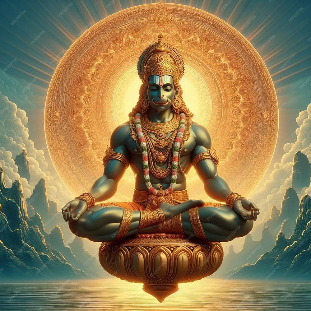 Meditating Hanuman amidst golden clouds