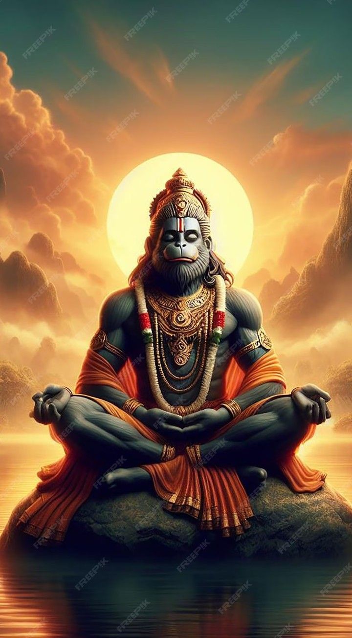 Hanuman meditating in golden sunlight