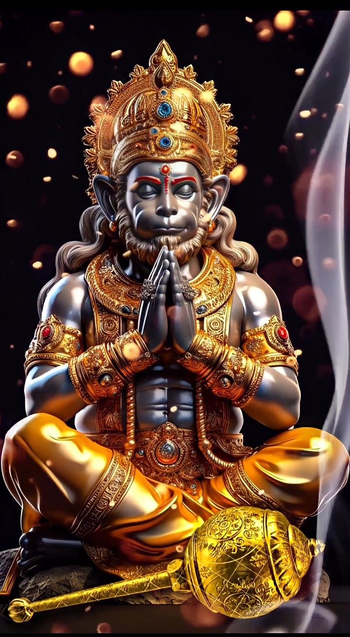 Hanuman in prayer, golden divine portrait.