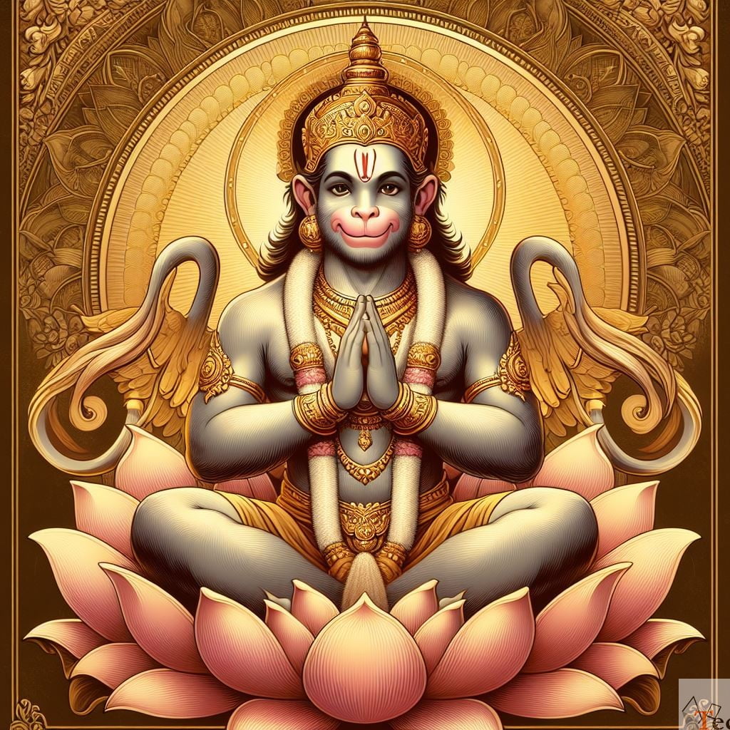 Hanuman in prayer, divine golden portrait