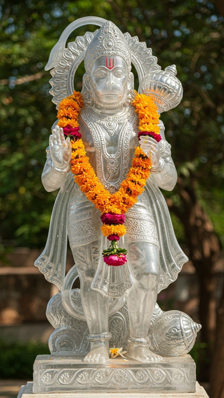 Hanuman statue with floral garland