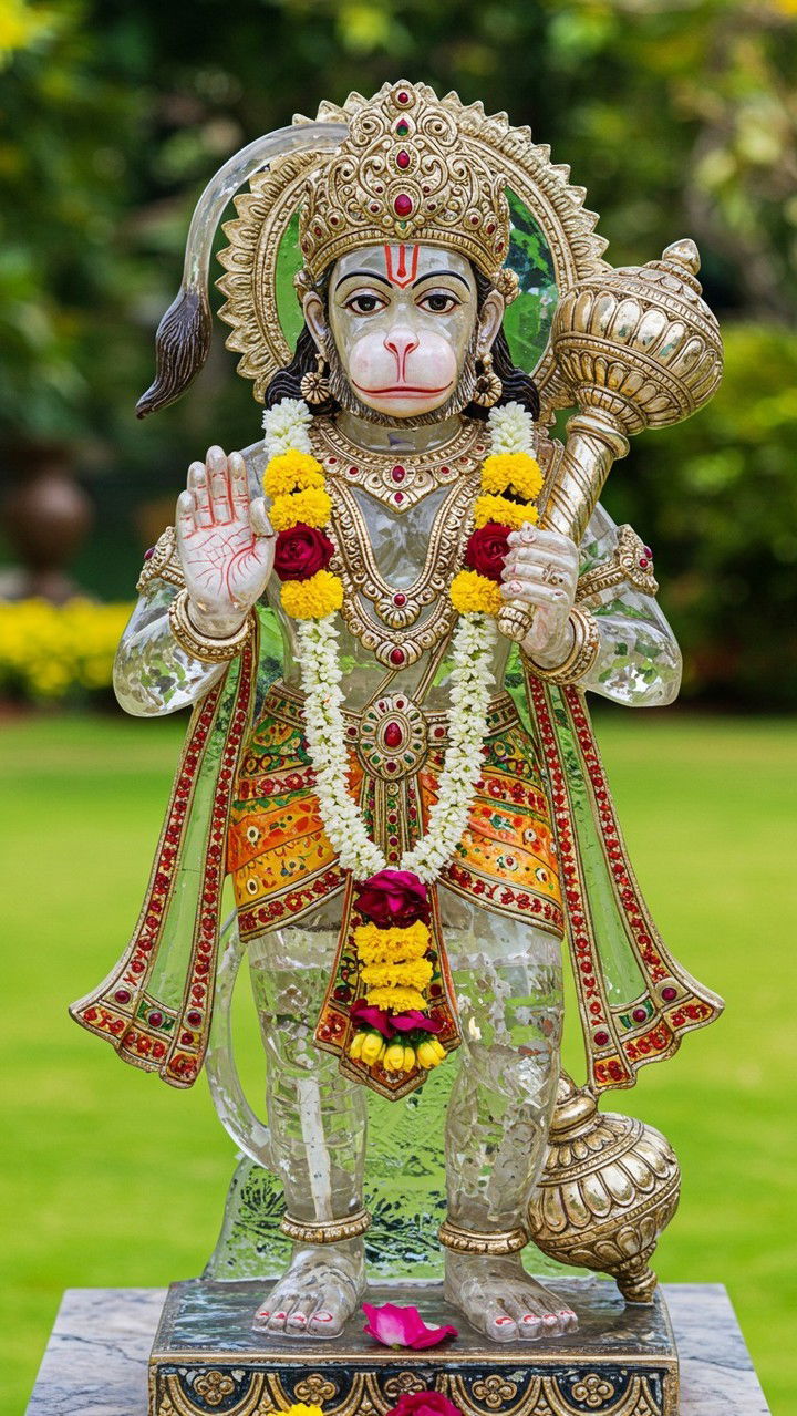 Hanuman statue with mace, divine protection.