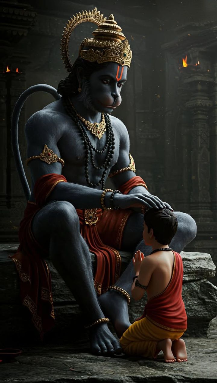 Hanuman blessing a devotee at temple.