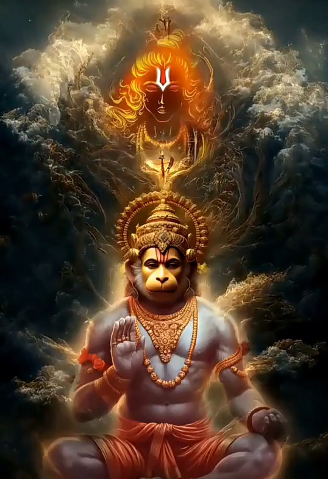 Hanuman sits in devotional posture