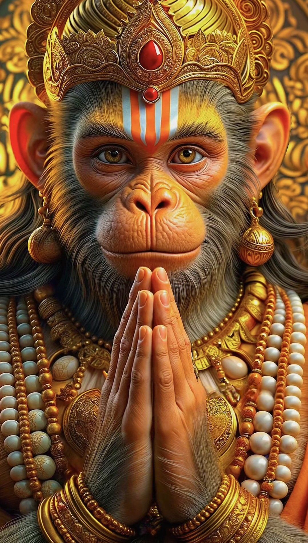 Hanumanji in prayer, golden jewelry, devotion.