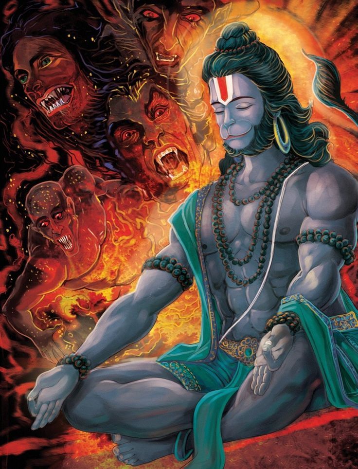Meditating Hanuman amidst fierce energies