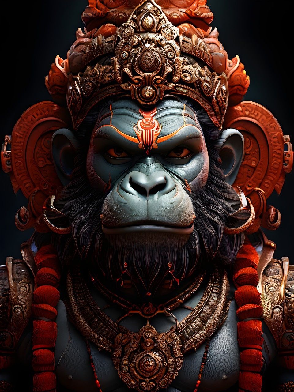 Intense portrait of Hanuman, the monkey god.