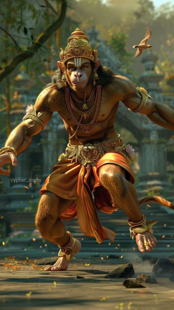Powerful Hanuman leaping into action.