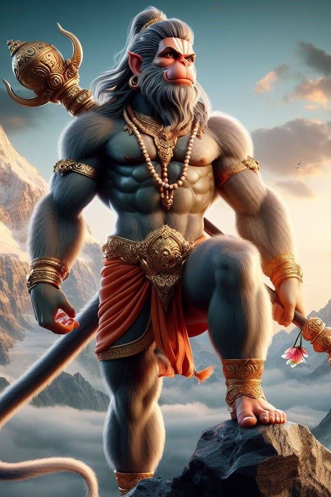 Powerful Hanuman standing on a mountain