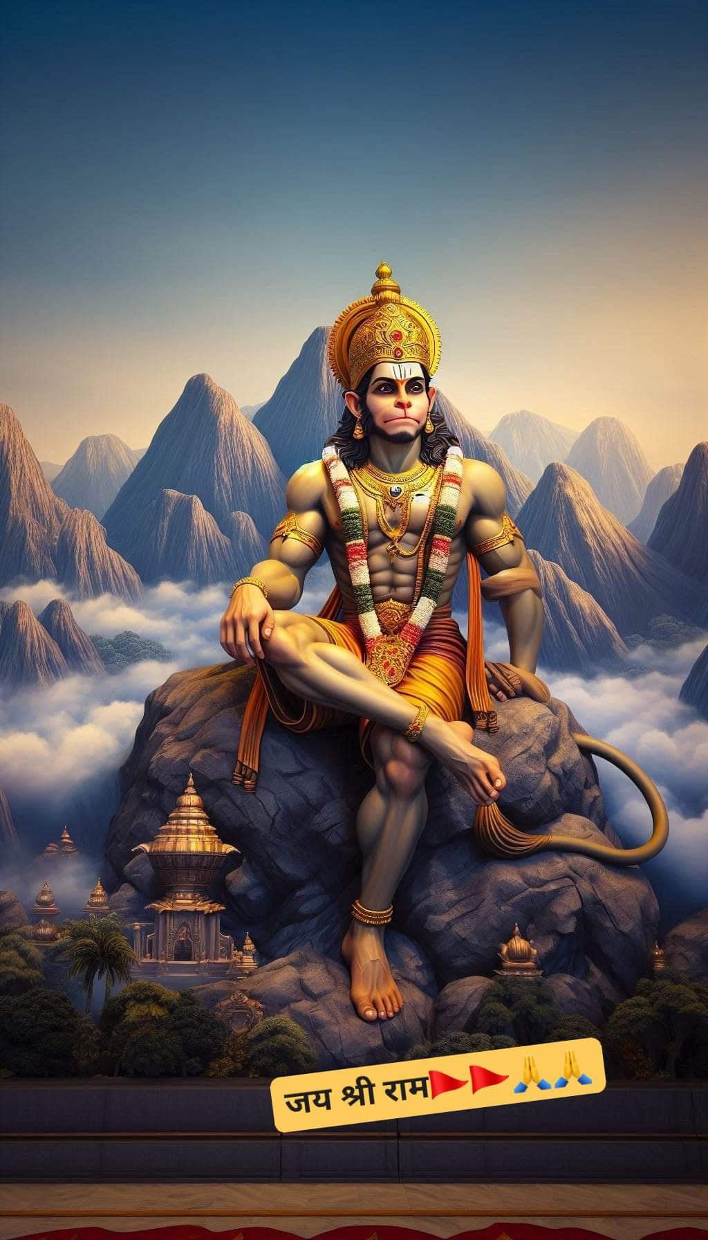 Hanuman seated on a mountain peak.