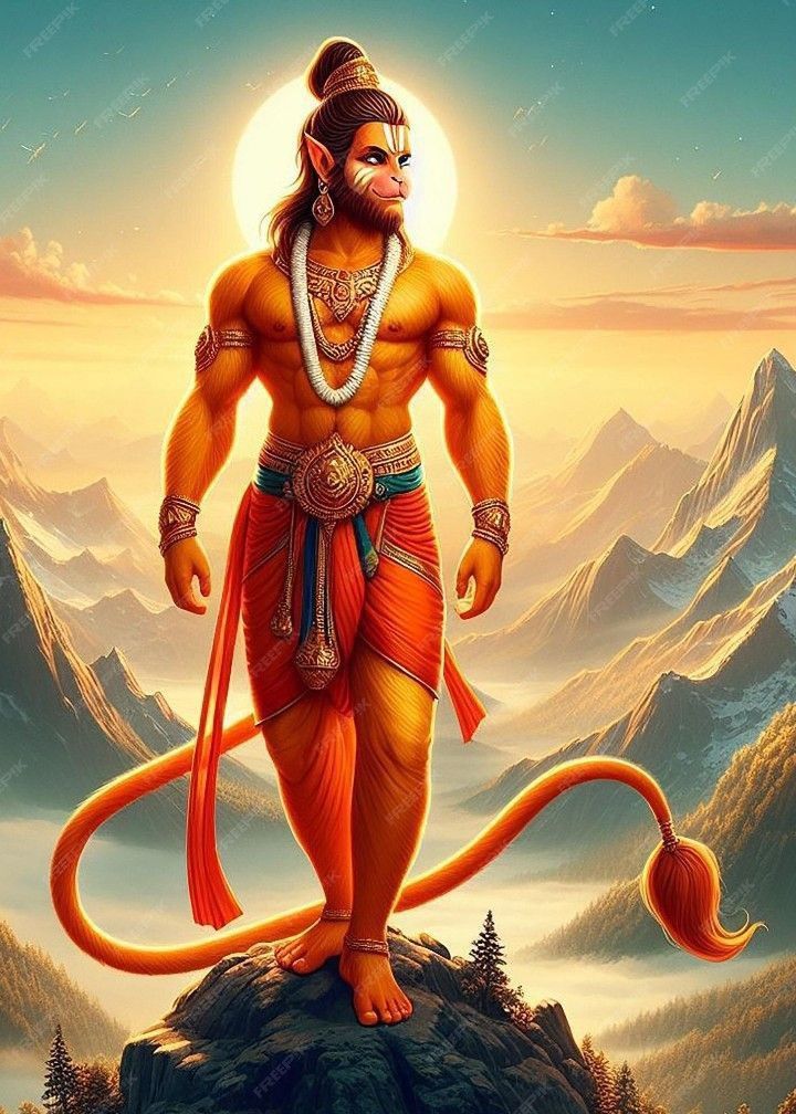 Hanuman stands on a mountain peak