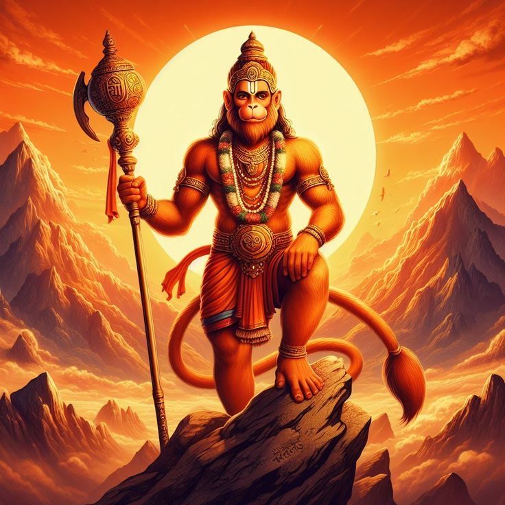 Hanuman standing on mountain with gada