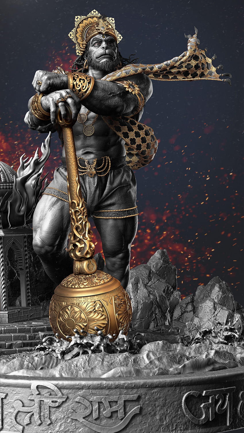 Powerful Hanuman with mace, golden details.